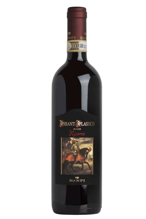 vino Chianti Classico Riserva DOCG 2018 - Cantine Banfi. Colorazione rosso malva. Ideale per accompagnare i piatti tipici della tradizione toscana, peposo e tortelli al ragù di carne. Acquistalo ora in offerta black friday su Sparkleitaly.it